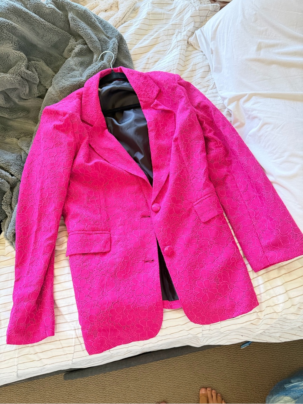 Zara Hot Pink Floral Jacquard Lace Blazer L